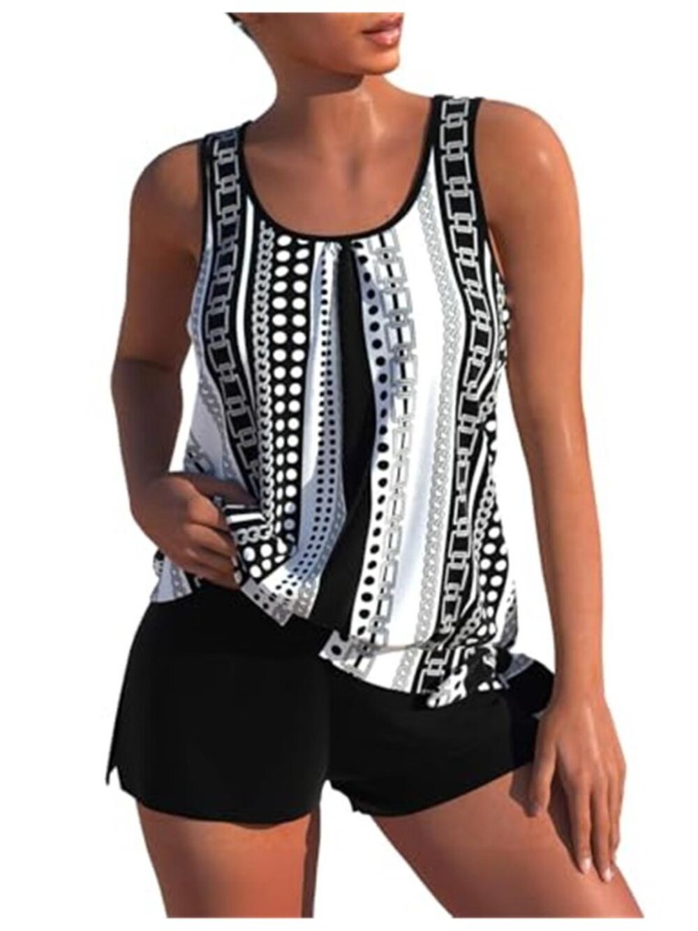 Black & White Printed Blouson Tankini Set with Board Shorts Swimwear